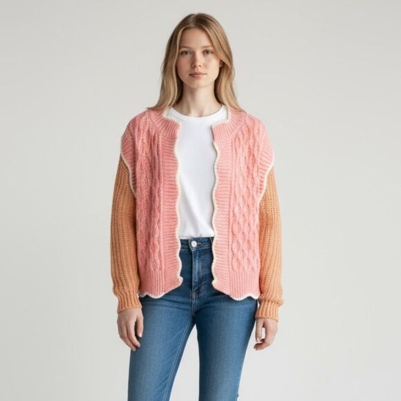 Vita Grace Mohair Wool Blend Pink and Tan Women's Cardigan Sweater - Picture 3 of 9